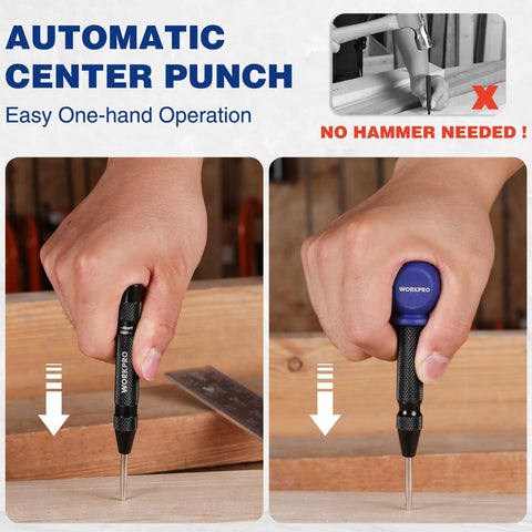 WORKPRO automatic center punch set (2 pcs) with extra tip; black metal body and blue knob, shown in two views