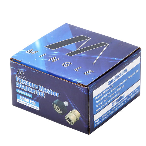 MINGLE Pressure Washer Adapter Set on a blue box; brass M22 14mm to 1/4 inch fittings
