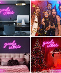 Collage showing Pink Good Vibes Neon Sign for Bedroom and Wall Decor in various settings including office, party, bedroom, and Christmas.