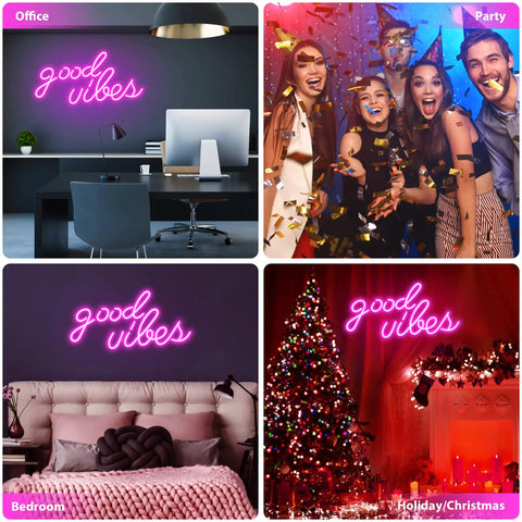 Collage showing Pink Good Vibes Neon Sign for Bedroom and Wall Decor in various settings including office, party, bedroom, and Christmas.