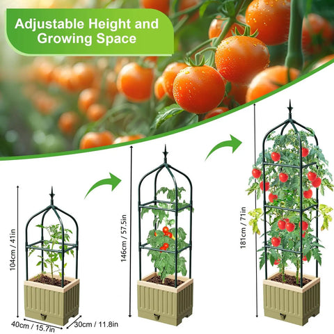 All-in-One Raised Garden Bed Planter Box With Trellis, 71 Inch Self-Watering Tomato Planter, adjustable height diagram