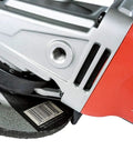 Five Pack 4-1/2 Inch Hubbed Grinding Wheels for Grinders, attached to red grinder showing side view of wheel with text visible