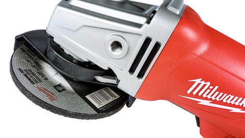 Five Pack 4-1/2 Inch Hubbed Grinding Wheels for Grinders, attached to red grinder showing side view of wheel with text visible
