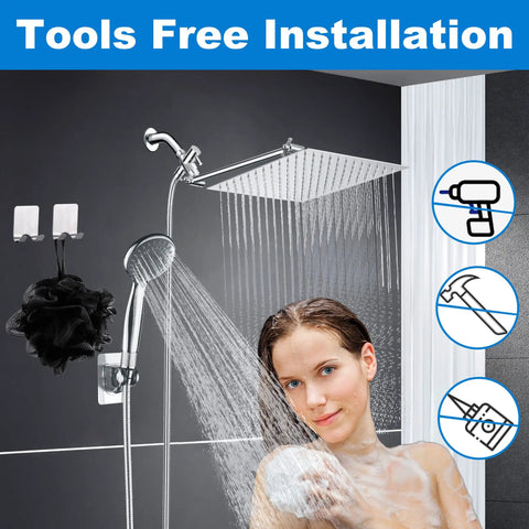 High Pressure Rain Shower Head With Handheld Spray Combo Pro shown with waterfall style in use, tools free installation.