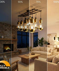 Half Chrome Gold Tipped LED Filament Bulbs Dimmable A19 6W 60W Equivalent illuminating living room at various dimming levels.