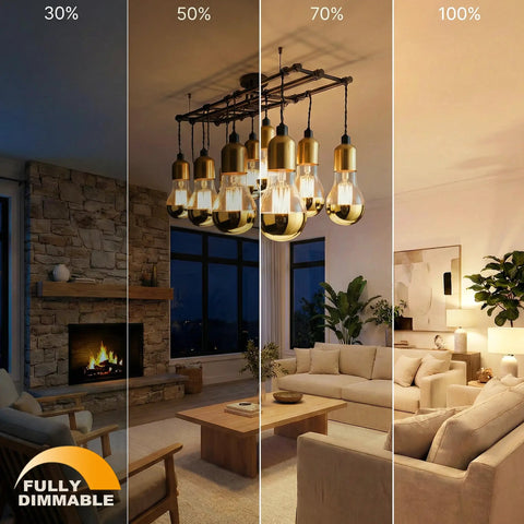 Half Chrome Gold Tipped LED Filament Bulbs Dimmable A19 6W 60W Equivalent illuminating living room at various dimming levels.