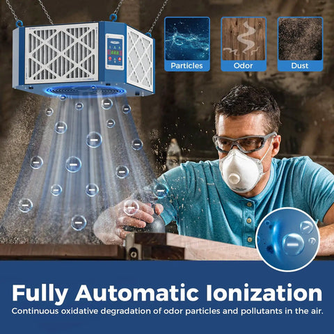 Rock Solid 360 Degree Intake Air Filtration System With 1350 CFM Vortex Fan Built Ionizer cleaning air with ionization and dust removal.