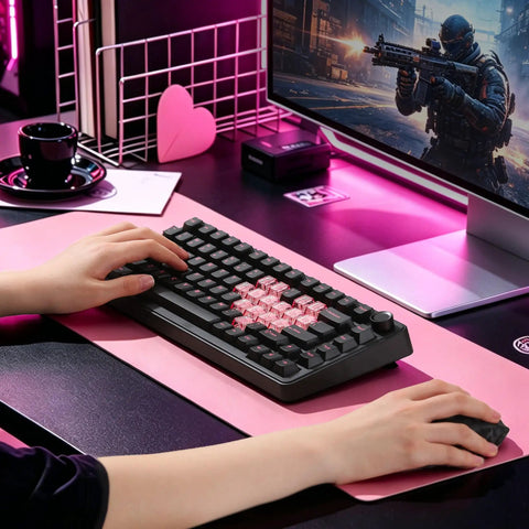 Pro Level 75 Percent Wireless Mechanical Keyboard Featuring Gasket Mount Design, shown in a gaming setup with multimedia control knob.