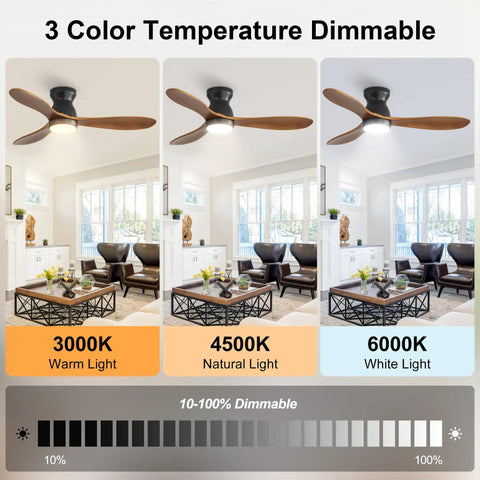 Dimmable 42 Inch Ceiling Fan With Soft Warm Light, App And Smart Remote Control, showcasing 3000K, 4500K, and 6000K light settings.