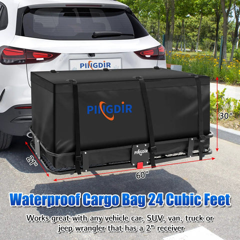 Foldable Hitch Mount Cargo Carrier Basket With 60 Inch Long By 21.5 Inch Wide By 6 Inch High Frame on SUV