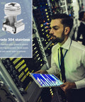 Beefy Rack Mount Screws And Floating Cage Nuts Kit in server room with professional handling network cabinet; focus on screw graphic.