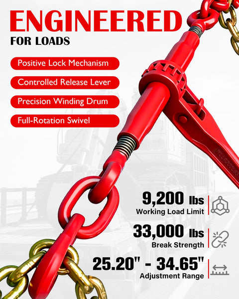 Ratchet Chain Binders For Three Eighths And One Half Inch Chain, 9,400 Lb WLL, Adjustable Length For Secure Transport And Towing, Heavy Duty 4 Pack Ready To Roll, showing positive lock mechanism