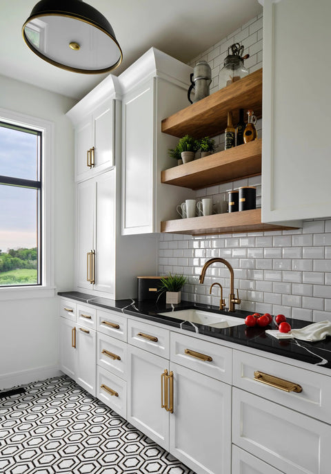 Kitchen with white cabinets featuring Antique Brass Cabinet Pulls With Backplate Zinc Alloy Retro Style Hardware with a classic look.
