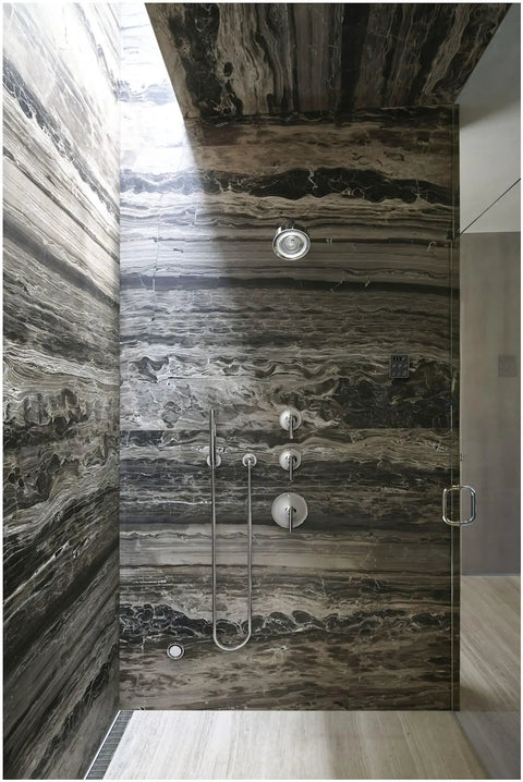 Purist Valve Trim With Lever Handle For Volume Control Valve - Faceplate Included in a marble shower setting