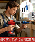 Person using red drill with Attachment Kit For Drill With High Torque Pop Rivet Head, image shows electric rivet tool in use.