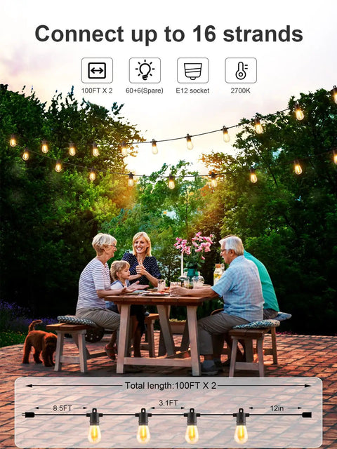 Outdoor String Lights 200 Ft Two 100 Ft Runs Waterproof IP65 LED Bulbs Shatterproof Easy Setup For Patio Backyard Bistro