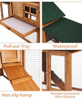 Spacious Wooden Chicken Coop And Rabbit Hutch With Dual Level Runs Waterproof Asphalt Roof Removable Tray Nest Box Outdoor Hen House For 2 To 4 Chickens Or Small Animals Backyard Pet Cage showcasing pull-out tray and non-slip ramp.
