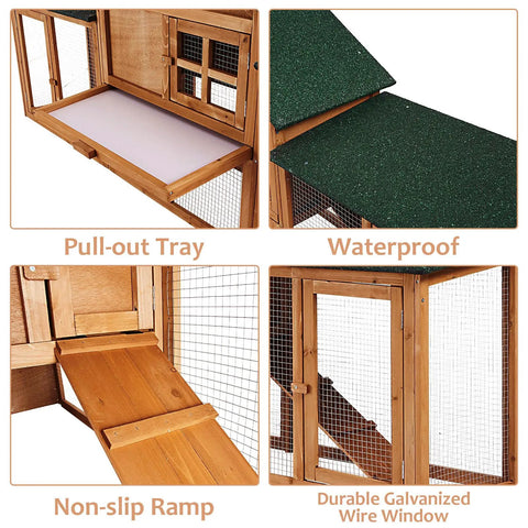 Spacious Wooden Chicken Coop And Rabbit Hutch With Dual Level Runs Waterproof Asphalt Roof Removable Tray Nest Box Outdoor Hen House For 2 To 4 Chickens Or Small Animals Backyard Pet Cage showcasing pull-out tray and non-slip ramp.