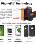 Hands Free Golf Phone Caddy With Adjustable Strap Secure Cart Phone Holder For Yardage GPS Scorekeeping And Golf Apps On The Go Universal Fit One Size Black showing PhoneFit technology with depth and width adjustment, compatible with iPhone, Google Pixel, Samsung Galaxy.