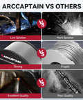 Comparison of ARCCAPTAIN vs other brands, showing low splatter and strong quality of Flux Core Welding Wire.030 E71T-GS Gasless Low Splatter MIG Wire For Mild Carbon Steel 6 Lbs Total 3 Pack No Shielding Gas Needed Easy Welds Compatible With Lincoln Miller Forney Harbor Welders.
