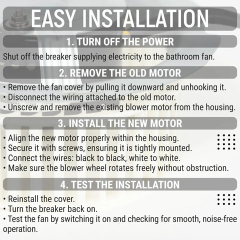 Installation guide for upgraded 8832NA bathroom fan blower motor replacement with easy step-by-step instructions.