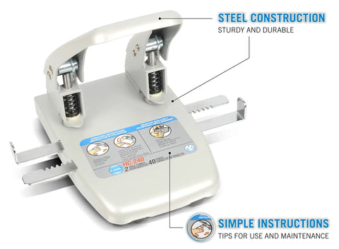 Heavy Duty Office Two Hole Paper Punch, 40 Sheet Capacity, One Quarter Inch Hole Punch, All Steel Hardened Punch Heads, Removable Tray