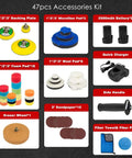 Battery Powered 12V Mini Car Buffer Polisher Beast Pro Grade Kit components including backing plates, pads, batteries, and charger.