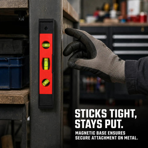 Spirit Level, 30CM attached to metal surface; features three vials for easy reading and a magnetic base for stability.