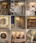 Gold Wireless Picture Lights For Wall Art 2 Pack Rechargeable Wall Spots With Led Battery Screen Dimmable Gallery Bulbs in living room and wardrobe.