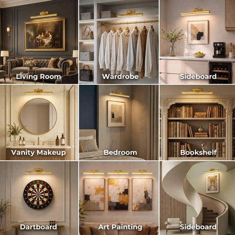 Gold Wireless Picture Lights For Wall Art 2 Pack Rechargeable Wall Spots With Led Battery Screen Dimmable Gallery Bulbs in living room and wardrobe.