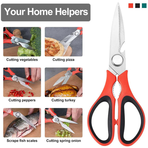 Three Pack Do It All Kitchen Scissors Set, Heavy Duty Stainless Steel Shears, Dishwasher Safe, Removable Blades For Cutting Meat Chicken Fish And Veggies, Multicolor Kitchen Utensils For Everyday Kitchen Hacks red and black kitchen shears shown for vegetables and fish