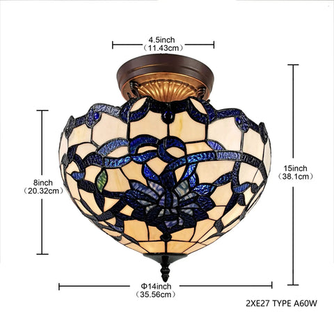 Vayne Blue And White Stained Glass Bowl Shade Two Light Tiffany Style Semi Flush Mount Ceiling Light With Bronze Finish