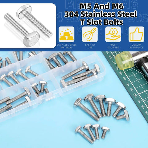 50 Piece Drop In T Slot Bolts Set With Hammer Head T Shaped Screws In Stainless 304 M5 M6 Lengths 12mm 16mm 20mm 25mm 30mm 35mm
