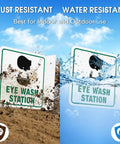 Eye Wash Station Sign 2 Pack 6 By 6 Inches Acrylic Signs With Pre Drilled Holes Including Screws For Office And Business Use UV Resistant Waterproof No Fade shown in outdoor conditions, one sign covered in dust, another splashed with water.