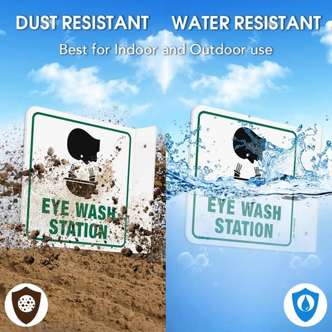 Eye Wash Station Sign 2 Pack 6 By 6 Inches Acrylic Signs With Pre Drilled Holes Including Screws For Office And Business Use UV Resistant Waterproof No Fade shown in outdoor conditions, one sign covered in dust, another splashed with water.
