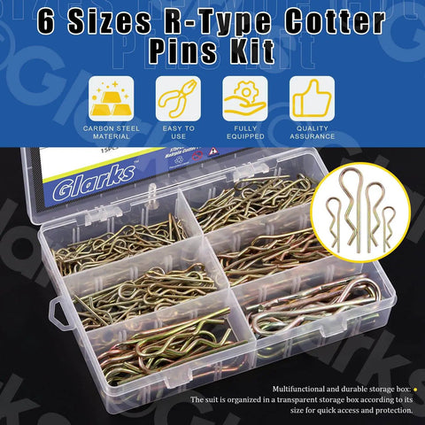 R Pin Cotter Pins Kit 175 Pieces With 6 Sizes Zinc Plated Carbon Steel Hairpin Clips Spring Fasteners in clear storage case
