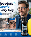 Man wearing glasses next to 30ml Eyeglass Scratch Repair Kit With Sponge Polishing Compound Quick Fix For Glasses And Screens.