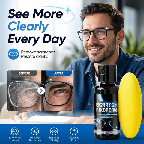 Man wearing glasses next to 30ml Eyeglass Scratch Repair Kit With Sponge Polishing Compound Quick Fix For Glasses And Screens.