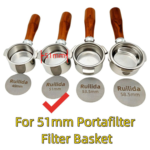 Espresso Puck Screen 51mm, 316 Stainless Steel, Reusable filter mesh for espresso portafilter shown with basket options