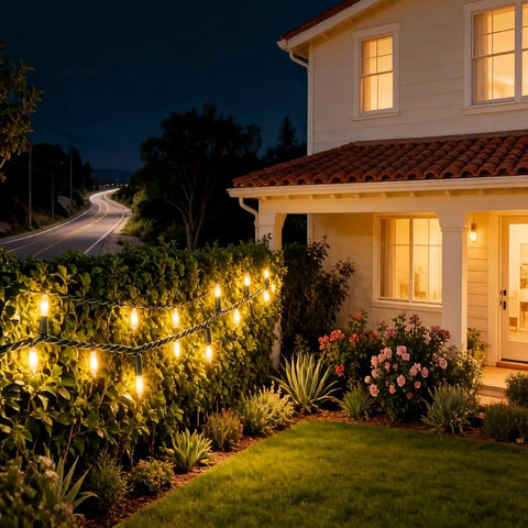 100 LED Warm White Christmas String Lights With 35 Ft White Wire illuminating a garden landscape at night