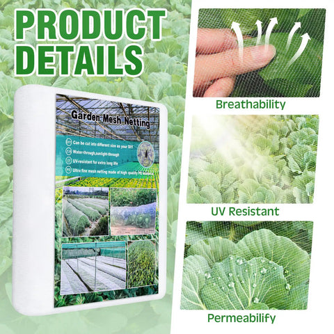 Three Pack Garden Mesh Netting For Insects And Mosquitoes Ultra Fine Plant Netting 10 By 33 Feet White Keeps Veggies Fruits And Flowers Safe From Bugs, showing packaging, material, and benefits.