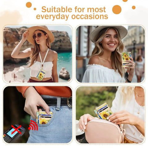 Sunflower RFID Card Holder Slim Wallet For Women Front Pocket Card Case With ID Window Dope PU Leather Organizer
