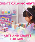 Girl playing with Unicorn Slime and Crystals Science Kit for Kids Ages 8 to 12, Over 100 Cool Experiments, Glow In The Dark Fun.