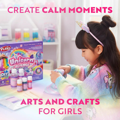 Girl playing with Unicorn Slime and Crystals Science Kit for Kids Ages 8 to 12, Over 100 Cool Experiments, Glow In The Dark Fun.