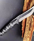Full Tang Fixed Blade Knife With Two Tone Black And White Blade, Custom Laser Engraving, Nylon Sheath Included, on wood backdrop