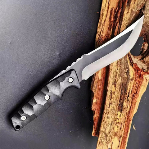 Full Tang Fixed Blade Knife With Two Tone Black And White Blade, Custom Laser Engraving, Nylon Sheath Included, on wood backdrop