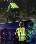 Cyclist and jogger wearing 20 Pack Reflective Safety Vests With Pockets, High Visibility Mesh Construction Vests For Men And Women, Neon Yellow, Size Large