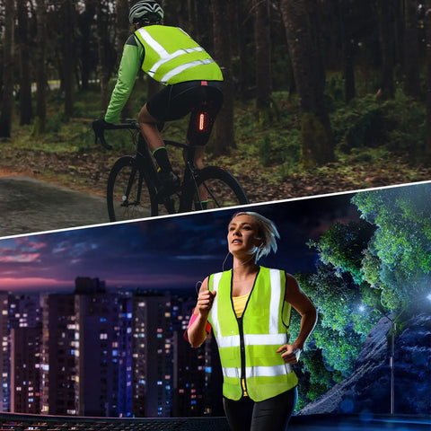 Cyclist and jogger wearing 20 Pack Reflective Safety Vests With Pockets, High Visibility Mesh Construction Vests For Men And Women, Neon Yellow, Size Large