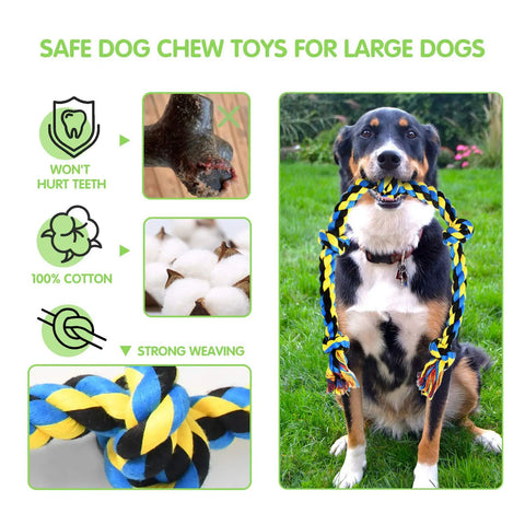 Dog with Indestructible Rope Chew Toys Set For Aggressive Chewers outdoors, showing dental rope toy promoting large dog dental health.
