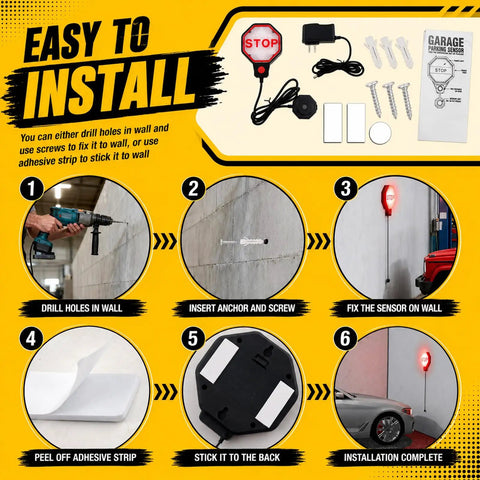 Image showing installation steps for Precision LED Garage Parking Sensor With Adjustable Range And Bright Red Yellow Green Light Feedback For Dead Simple Car Stop And No Sweat Parking In Tight Spots.